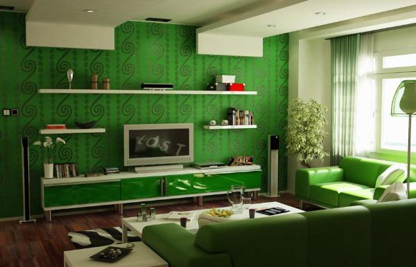 Gam màu xanh lá cho thiết kế phòng khách